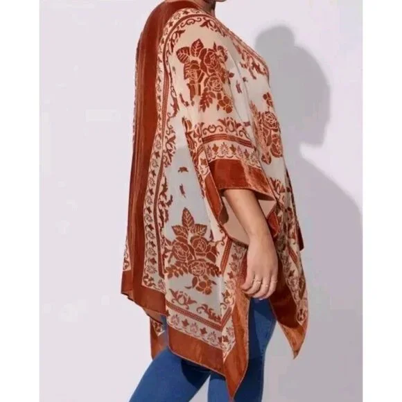Torrid Womens One Size Multicolor Floral Velvet Burnout Ruana Open Kimono Boho - Picture 3 of 7